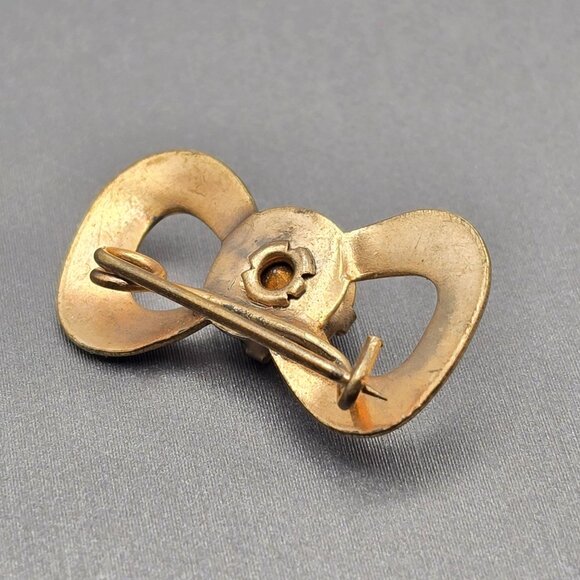 VTG Art Deco Bow Brooch 1" Gold Tone Clear Prong Set Rhinestone Center - Picture 5 of 7